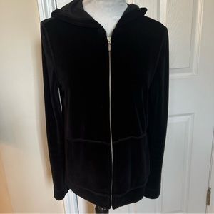 NWOT REAL CLOTHES Full Zip Black Velour Track Jacket w Hood Womens Sz S